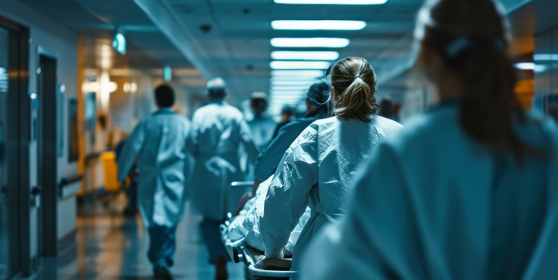 Healthcare Professionals in a Hospital Corridor